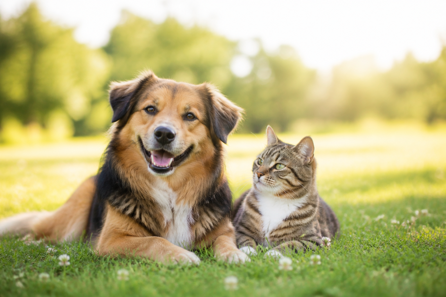 Ein Hund und eine Katze sitzen gemeinsam auf einer grünen Wiese